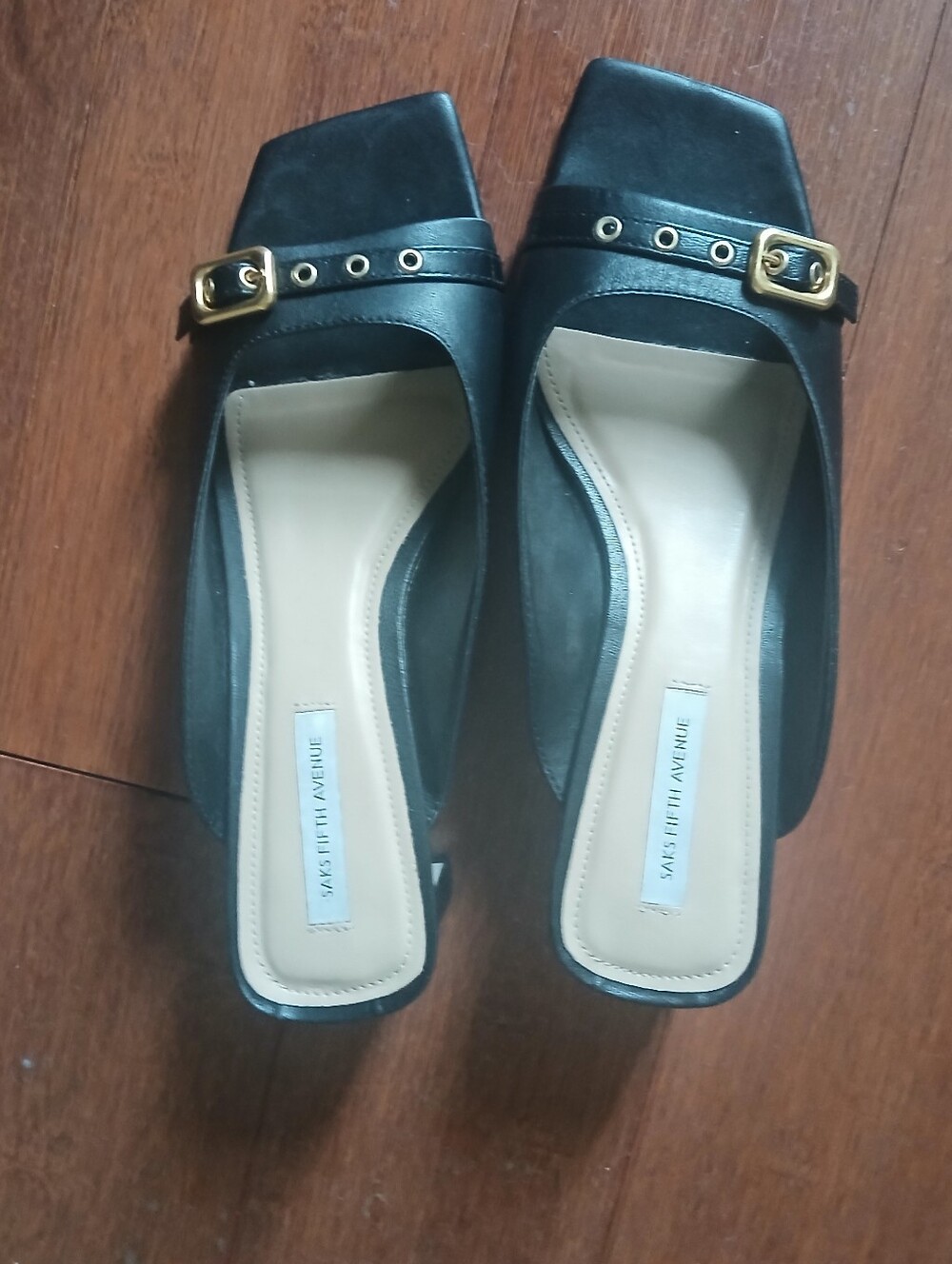 Saks Fifth Avenue Black Square-Toe Buckle Slingback Heels
